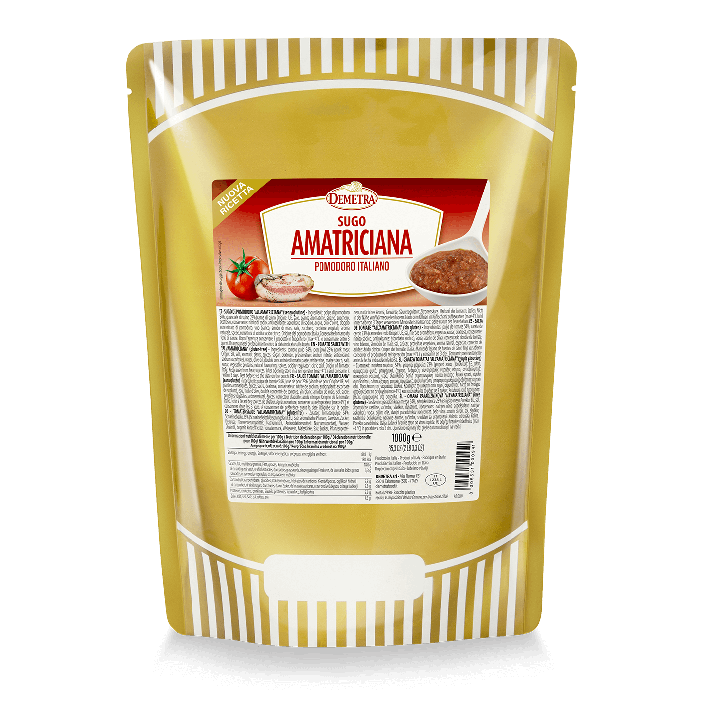 Sugo all'Amatriciana Demetra Selezione Mille 1kg con guanciale croccante e pomodoro italiano.