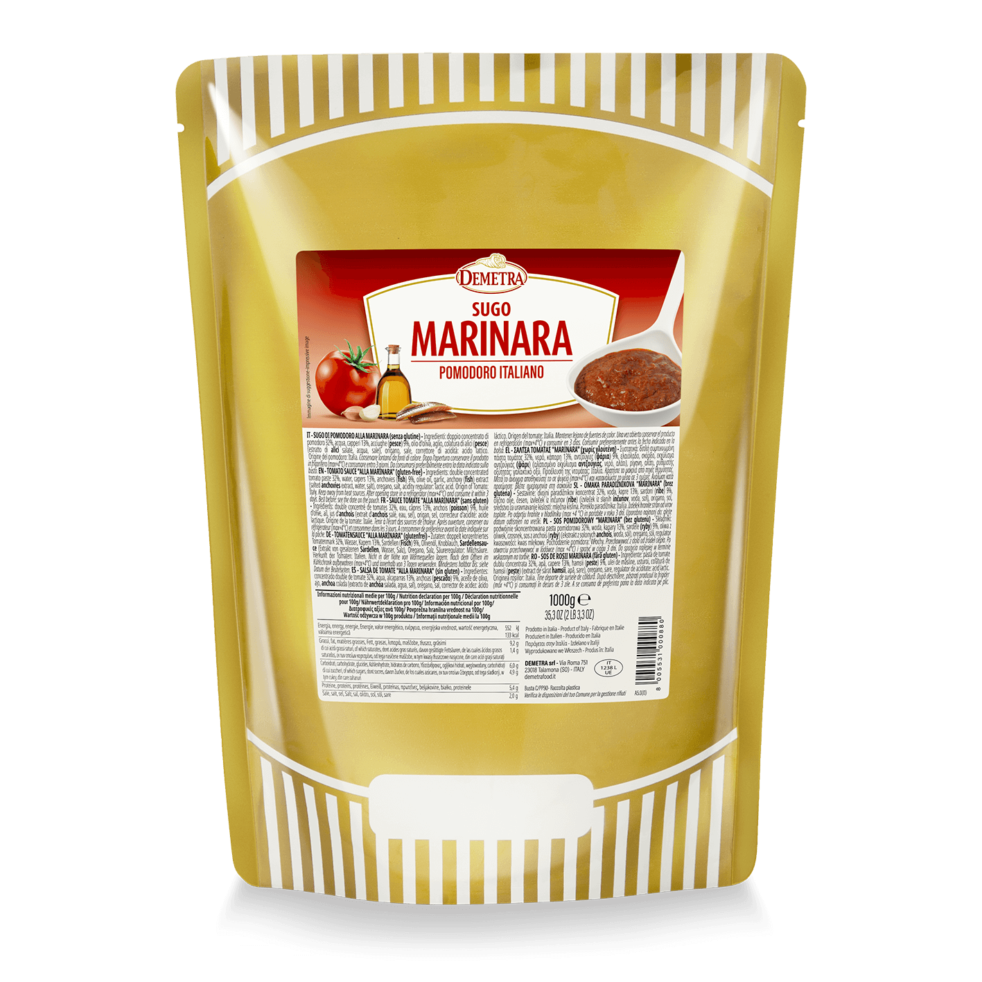 Busta Sugo alla Marinara Demetra Selezione Mille 1kg con colatura di alici del Cantabrico per ristorazione.